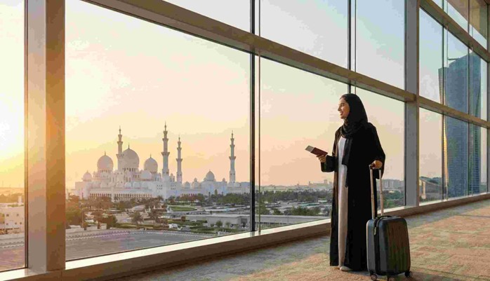 A traveler with luggage gazing at iconic landmarks like the Sheikh Zayed Grand Mosque, illustrating an exciting Abu Dhabi Layover Tour from Airport.
