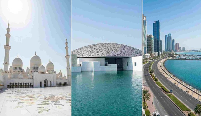 A triptych showing Abu Dhabi's top landmarks—the Sheikh Zayed Grand Mosque, Louvre Abu Dhabi, and the Corniche skyline—which are key attractions included in various Abu Dhabi Layover Tour Price & Packages.