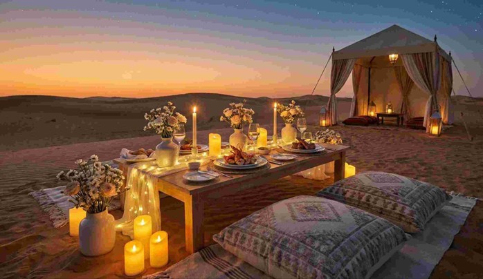A romantic table setup with candles, fairy lights, and gourmet cuisine served by a private chef, showcasing the Best Private Desert Dinner for Couples in Abu Dhabi.