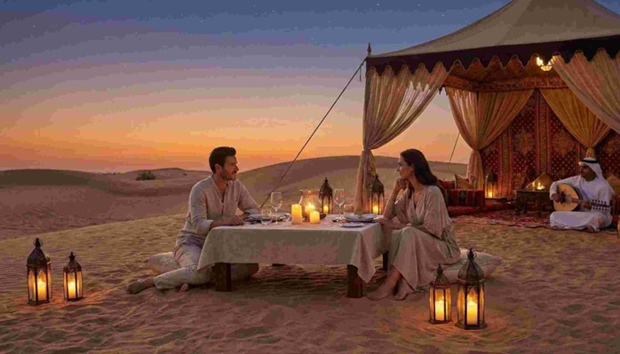 A couple enjoying the Best Private Desert Dinner for Couples in Abu Dhabi, dining at a beautifully set table on the sand with a private chef and Bedouin tent under a starry night sky.