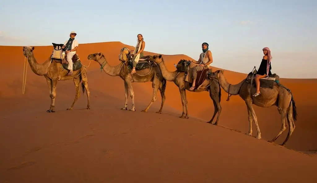 Tourists enjoying a scenic camel trek across golden red sand dunes in Riyadh Desert, Saudi Arabia at sunset