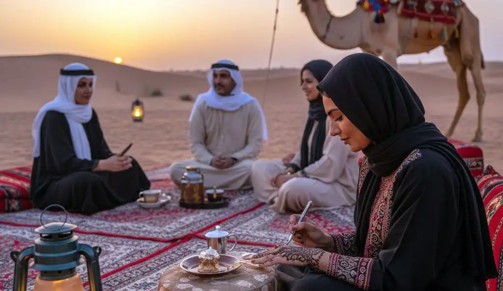 A woman receiving a traditional henna design on her hand during an Evening Desert Safari Abu Dhabi Experience, featuring a desert camp setting with lanterns, a camel, and guests in traditional Emirati attire.