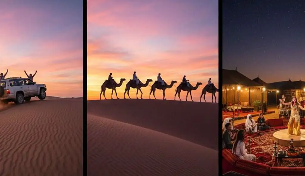 A three-part collage visualizing an Evening Desert Safari Abu Dhabi Itinerary, showing a 4x4 vehicle dune bashing at sunset, a camel trek across golden dunes, and a belly dancer performing under a starry night sky at a desert camp.