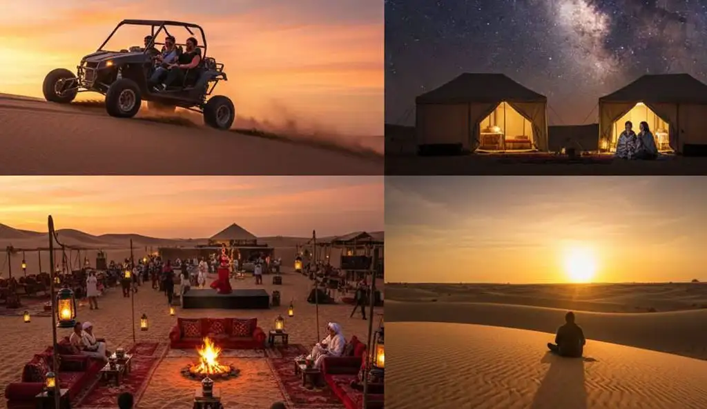 A comparison of the Overnight vs. evening desert safari Abu Dhabi, featuring high-energy dune bashing and camp entertainment alongside peaceful stargazing and a golden sunrise over the dunes.