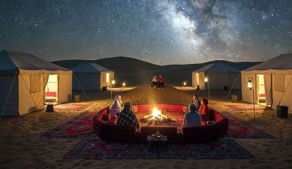 A peaceful scene from an overnight vs. evening desert safari Abu Dhabi, showing guests sitting around a campfire by traditional tents under a vast, starry Milky Way sky.