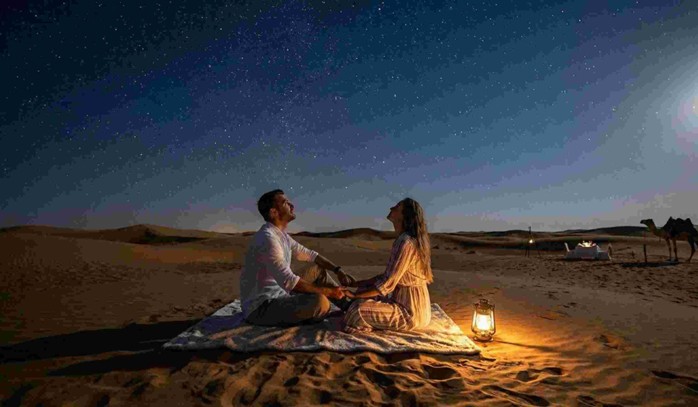 A couple enjoying a peaceful moment under a starry desert sky, showcasing the intimate stargazing experience included in the Romantic Private Dune Dinner Abu Dhabi Price packages.