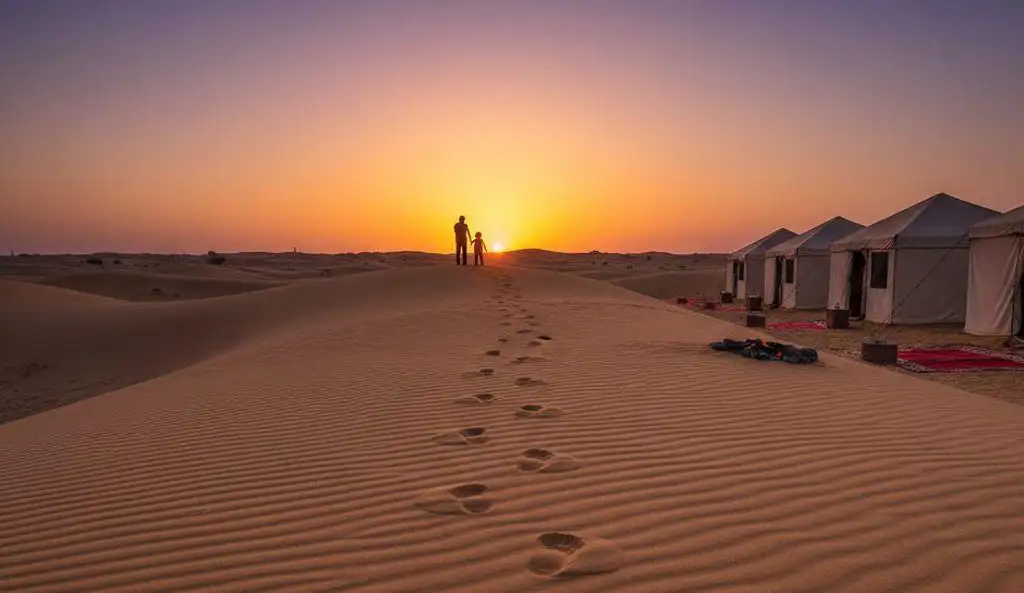 A serene desert sunrise scene showcasing footprints in the sand leading toward a horizon of dunes and tents, illustrating the successful application of safety tips for overnight desert safari Abu Dhabi.