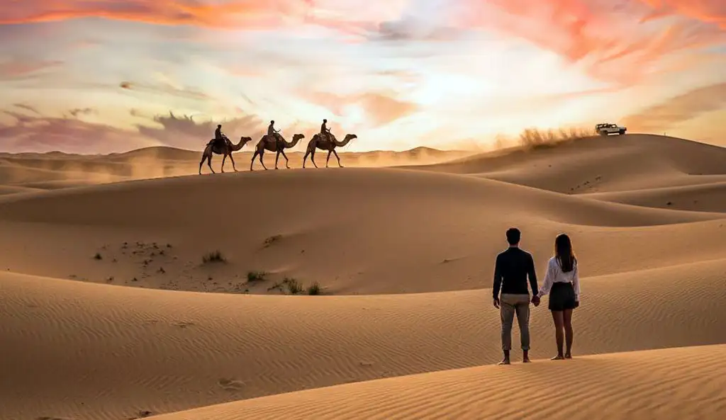 A couple standing on a rippled sand dune admiring the vibrant orange sky and sunset views evening desert safari Abu Dhabi, with a camel caravan and a 4x4 vehicle visible in the distance.