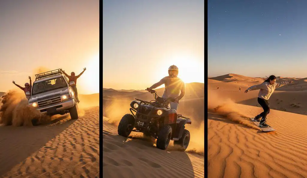 A three-panel collage showcasing adventurous activities with sunset views evening desert safari Abu Dhabi, featuring high-speed dune bashing in a 4x4, quad biking on golden sands, and sandboarding down a steep dune.