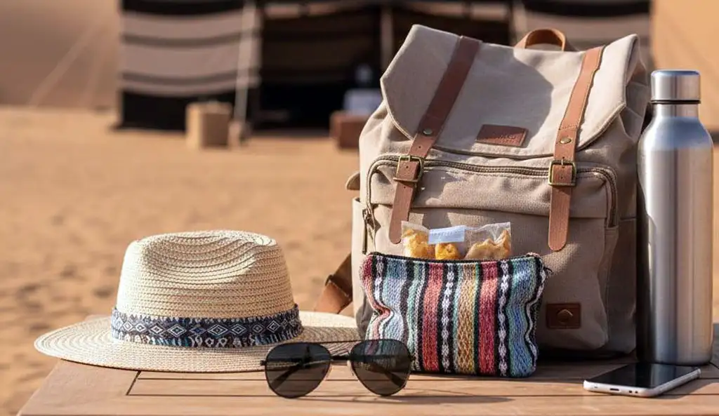 A flat-lay arrangement of sun protection gear showing what to wear on an overnight desert safari in Abu Dhabi, including a breathable straw hat, polarized sunglasses, a canvas backpack, and a water bottle set against a desert dune background.