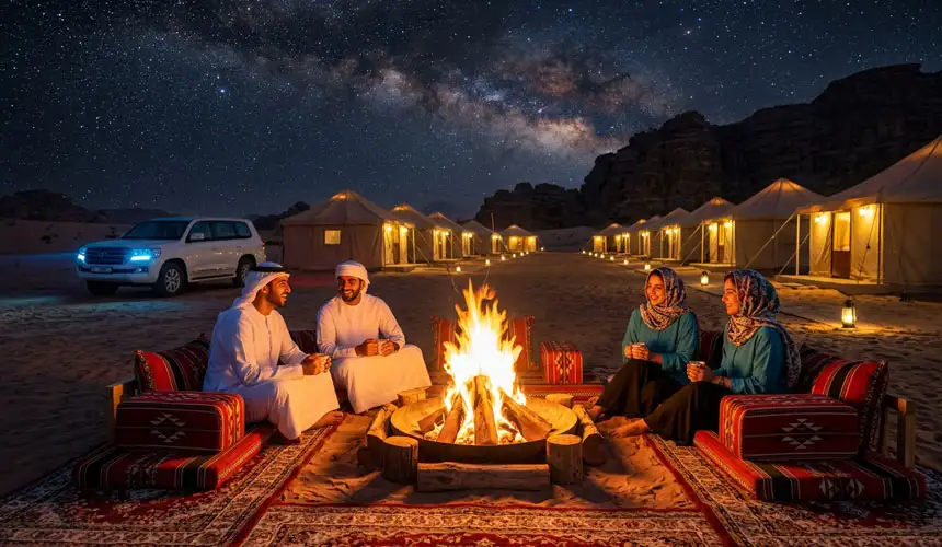 Guests sitting around a warm bonfire under a stunning starry sky and Milky Way at a luxury overnight desert safari camp in Abu Dhabi.
