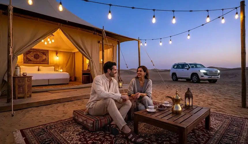 A couple relaxing on traditional cushions in front of a luxury private tent in the Abu Dhabi desert at twilight, with a 4x4 vehicle parked nearby.