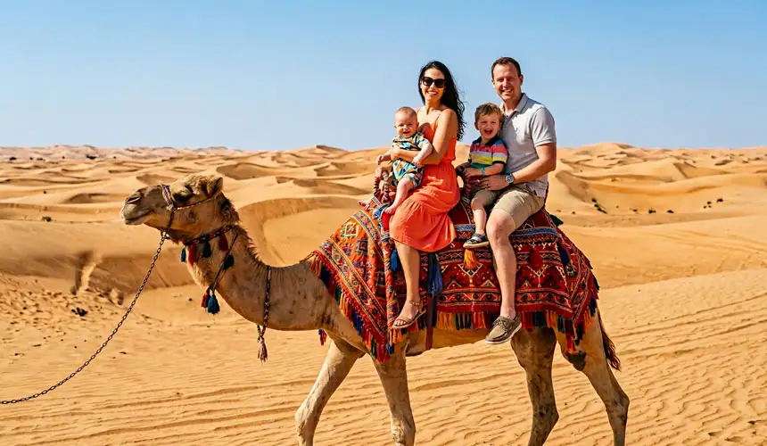 A happy family with two young children enjoying a scenic camel ride across the golden sands of the Abu Dhabi desert during a guided safari tour.