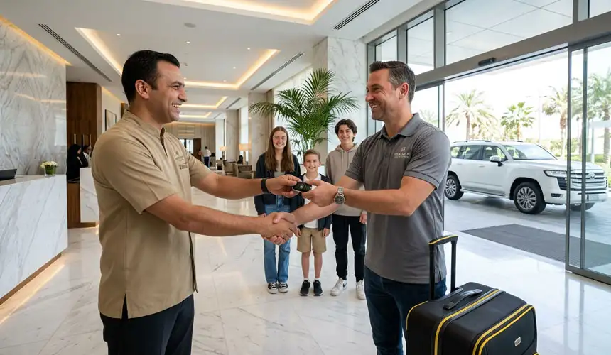 A hotel staff member handing car keys to a guest in a luxury lobby, preparing for an overnight desert safari trip in Abu Dhabi.