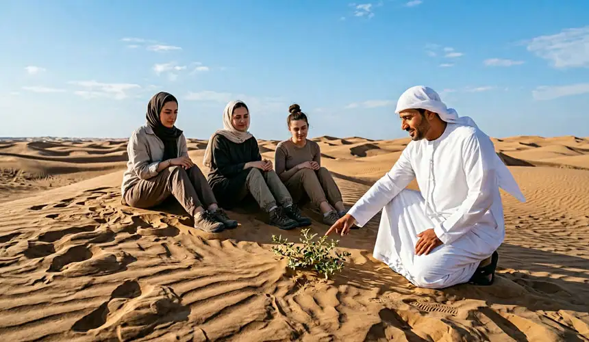 A friendly local guide in traditional Emirati dress teaching a group of women about native desert plants during an Abu Dhabi desert safari.
