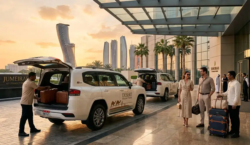 Hotel staff loading luggage into a Desert Holiday Tours 4x4 vehicle at the Jumeirah at Etihad Towers for an Abu Dhabi desert safari excursion.