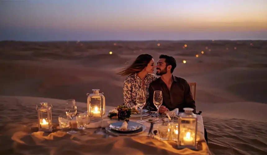 A couple enjoying a private, intimate dinner atop the golden sand dunes of Abu Dhabi, with soft ambient lighting and a stunning desert sunset backdrop.