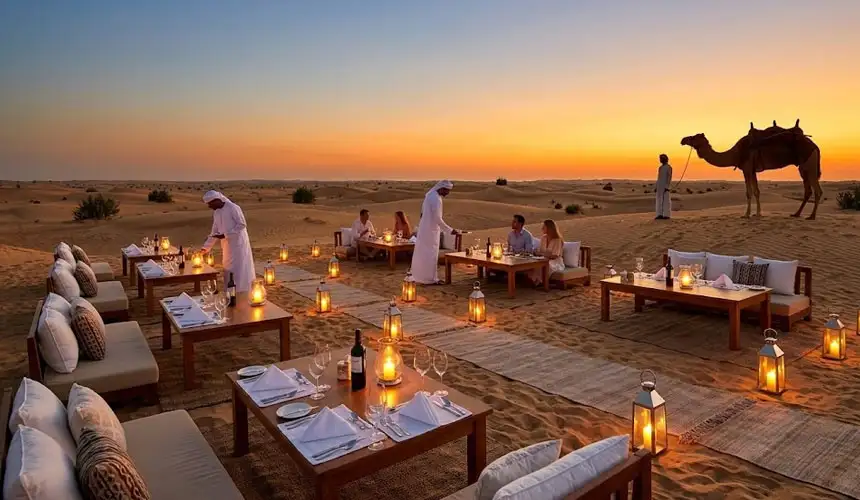 A private dinner setup on the dunes in Abu Dhabi, with a luxurious table adorned with fine china, candles, and a gourmet meal, set against the desert’s vast beauty.