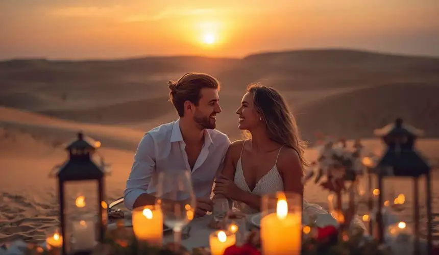 A beautiful young couple enjoying a private dinner at sunset on the golden dunes of Abu Dhabi, with warm candlelight and the stunning desert sky in the background.