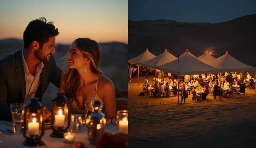 A split-screen view comparing a private romantic dune dinner for two with a lively group desert safari dinner setup, highlighting the intimate and exclusive atmosphere of the private experience.