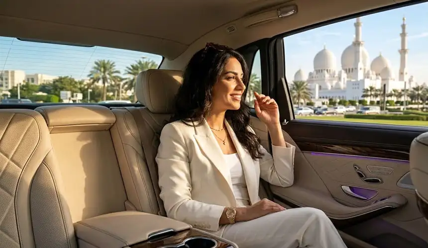 Smiling woman in a white blazer and sunglasses relaxing in the back seat of a luxury car, viewing the Sheikh Zayed Grand Mosque and palm trees through the window in Abu Dhabi.